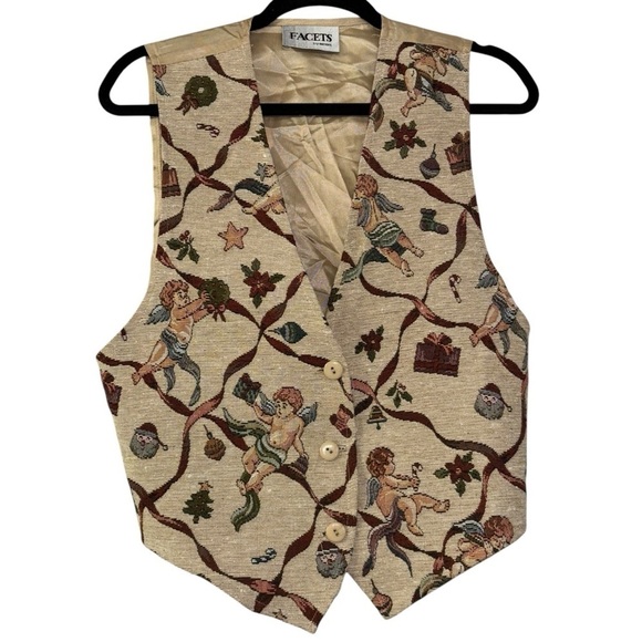 Vintage Facets Cherub Santa Christmas Holiday Vest Tan Women’s M Tree 90’a Y2K - Picture 2 of 15